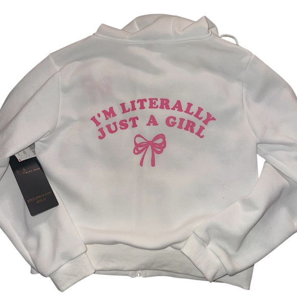 White Hoodie with Pink Bow Embroidery. “I’m literally just a girl” in the back - Picture 3 of 5